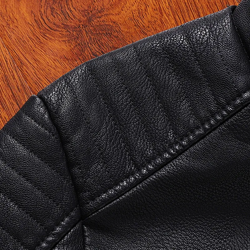 K-style Silm Autumn and Winter Fleece-lined Stand Collar Youth Leather Coat