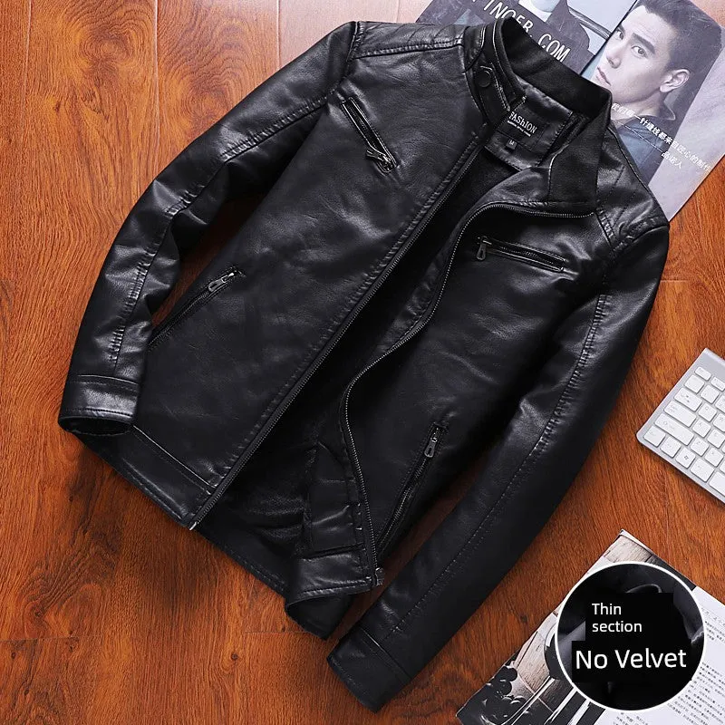 K-style Silm Autumn and Winter Fleece-lined Stand Collar Youth Leather Coat