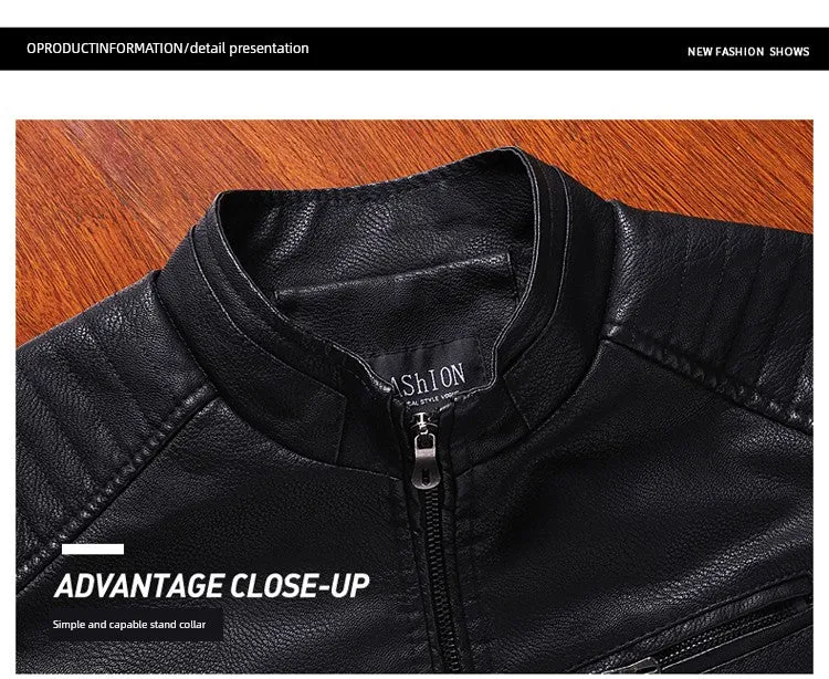 K-style Silm Autumn and Winter Fleece-lined Stand Collar Youth Leather Coat