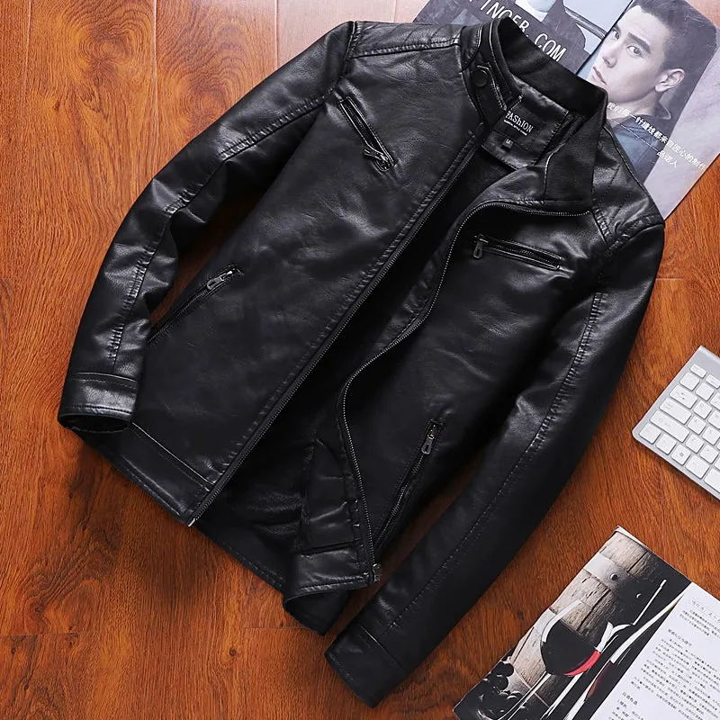 K-style Silm Autumn and Winter Fleece-lined Stand Collar Youth Leather Coat