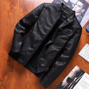 K-style Silm Autumn and Winter Fleece-lined Stand Collar Youth Leather Coat