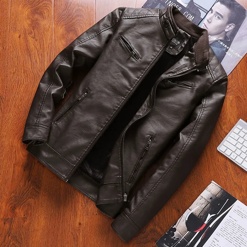 K-style Silm Autumn and Winter Fleece-lined Stand Collar Youth Leather Coat