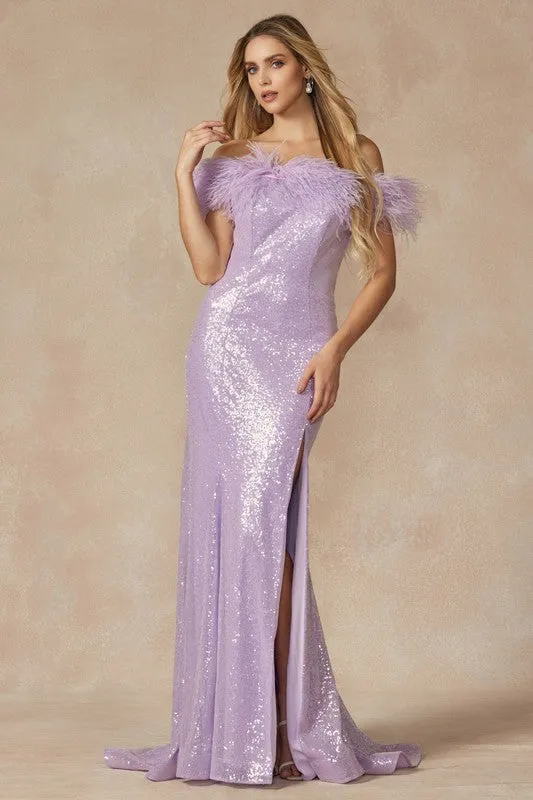 Light Purple Feather Neckline Off The Shoulder And High Slit Dress