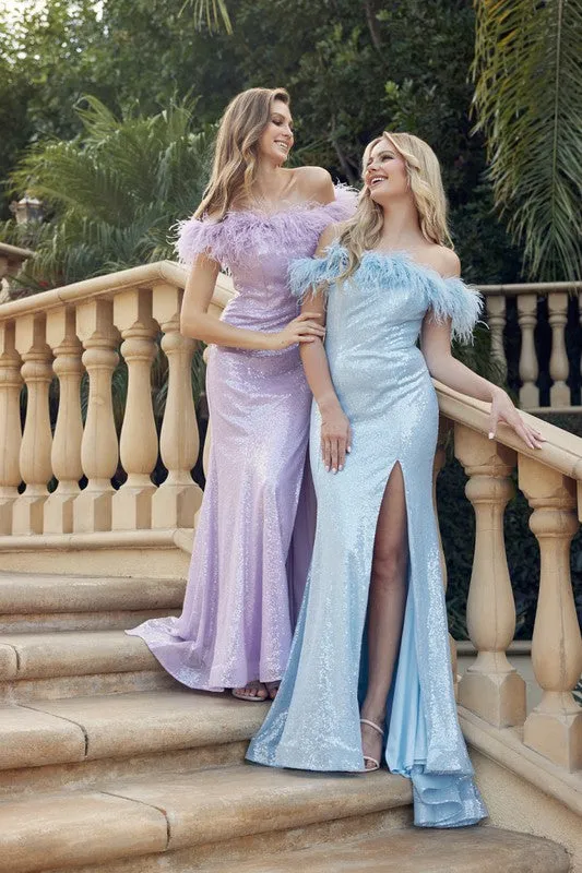 Light Purple Feather Neckline Off The Shoulder And High Slit Dress