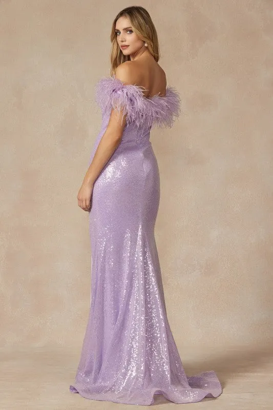 Light Purple Feather Neckline Off The Shoulder And High Slit Dress