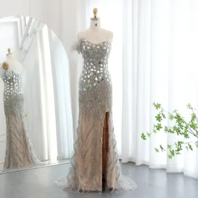 Luxury Beaded Feather Mermaid Nude Evening Dress SS165