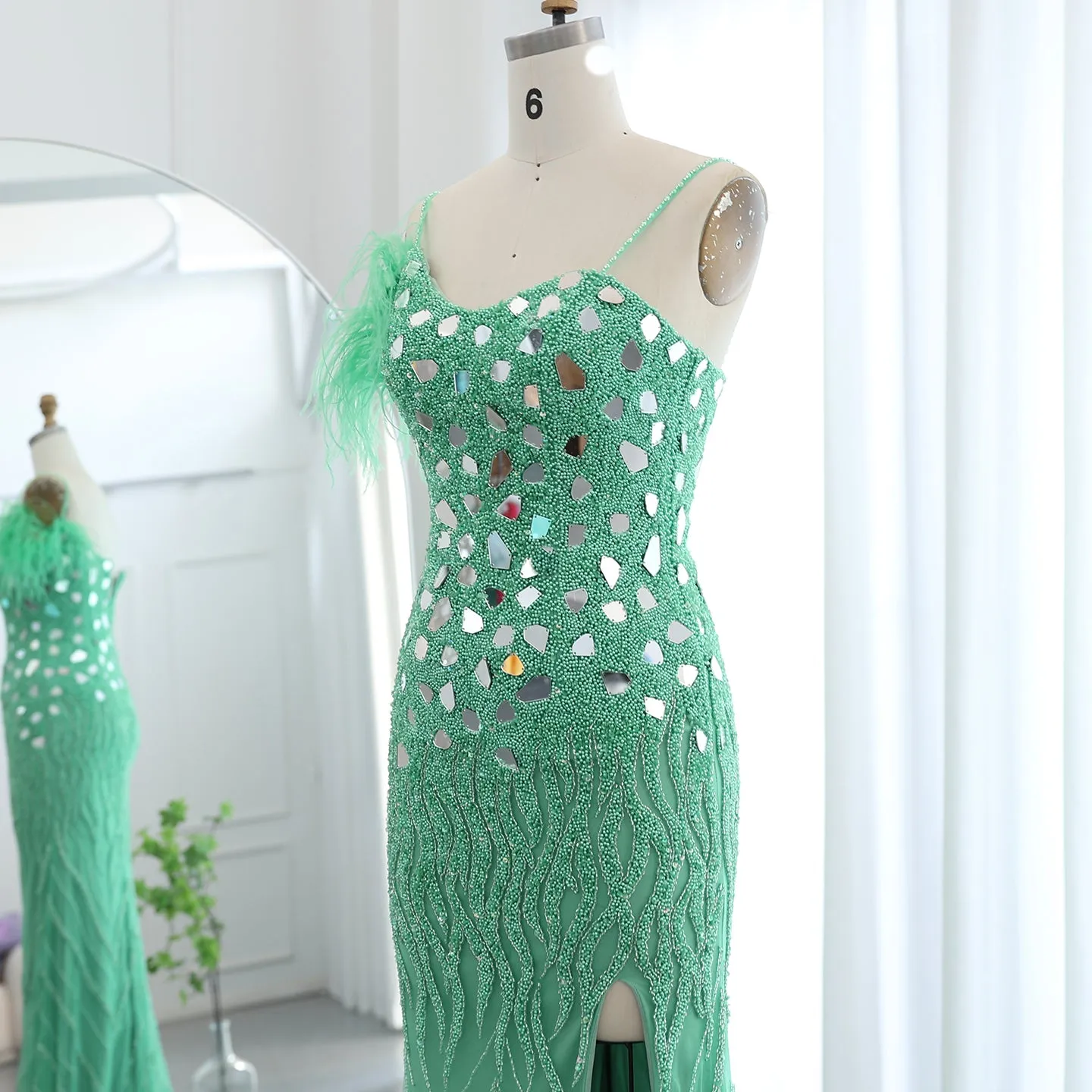 Luxury Beaded Feather Mermaid Nude Evening Dress SS165