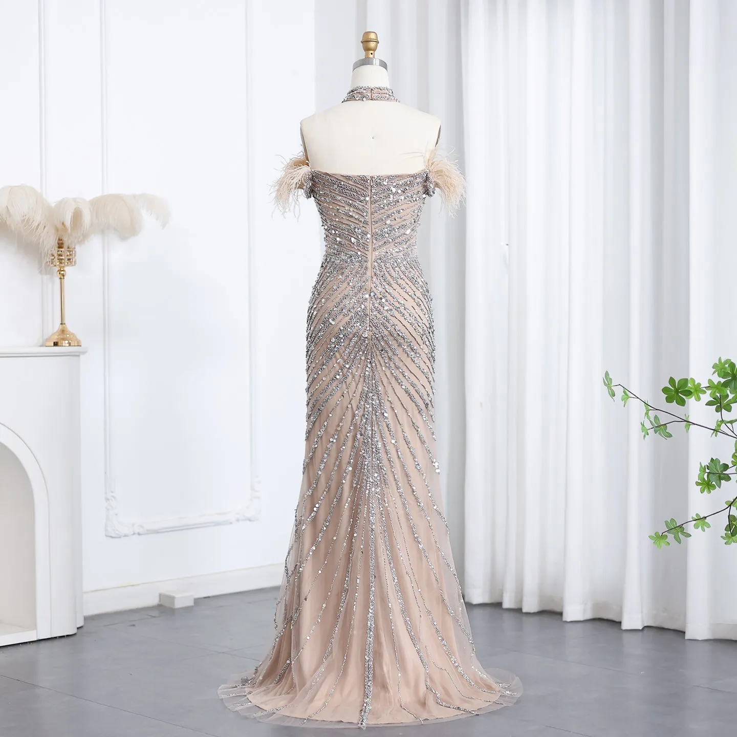 Luxury Feather Off Shoulder Evening Dress with Chocker SS167