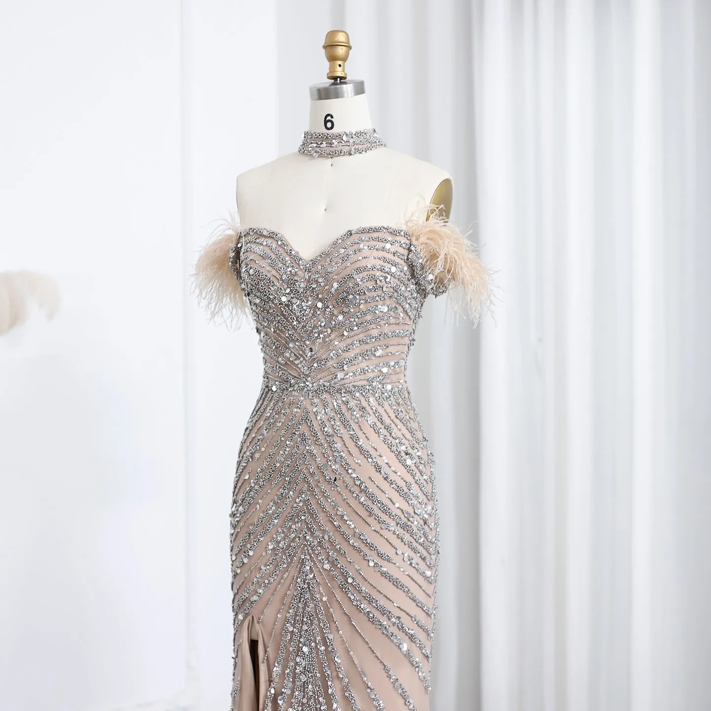 Luxury Feather Off Shoulder Evening Dress with Chocker SS167