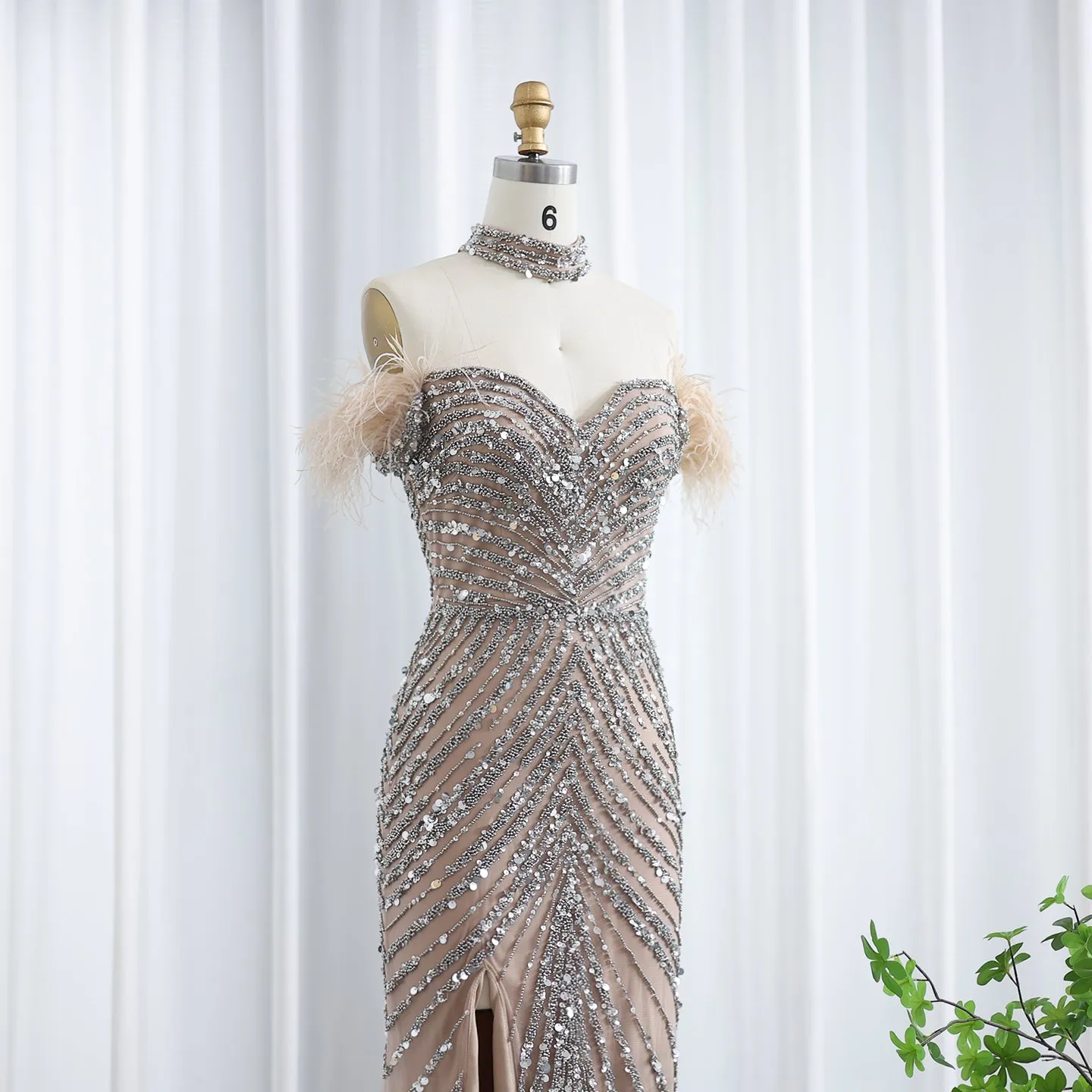Luxury Feather Off Shoulder Evening Dress with Chocker SS167