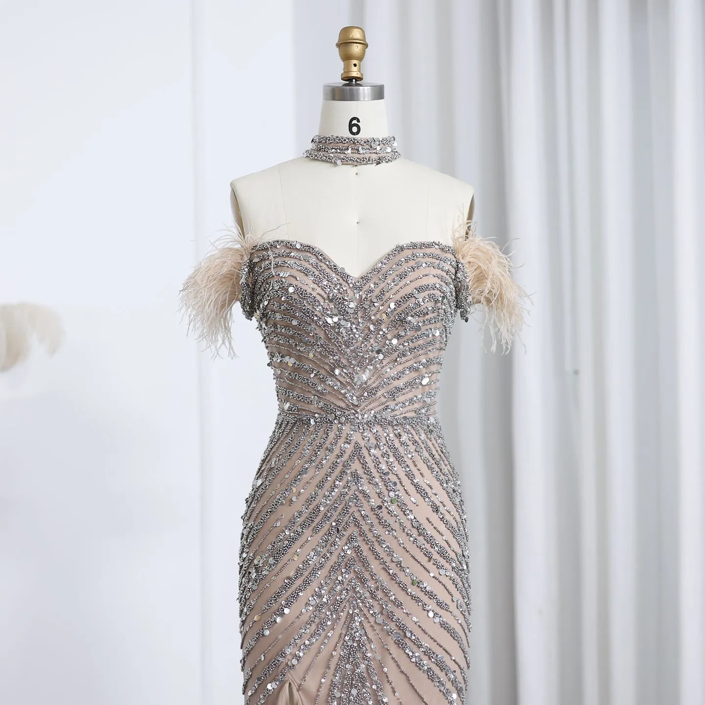 Luxury Feather Off Shoulder Evening Dress with Chocker SS167