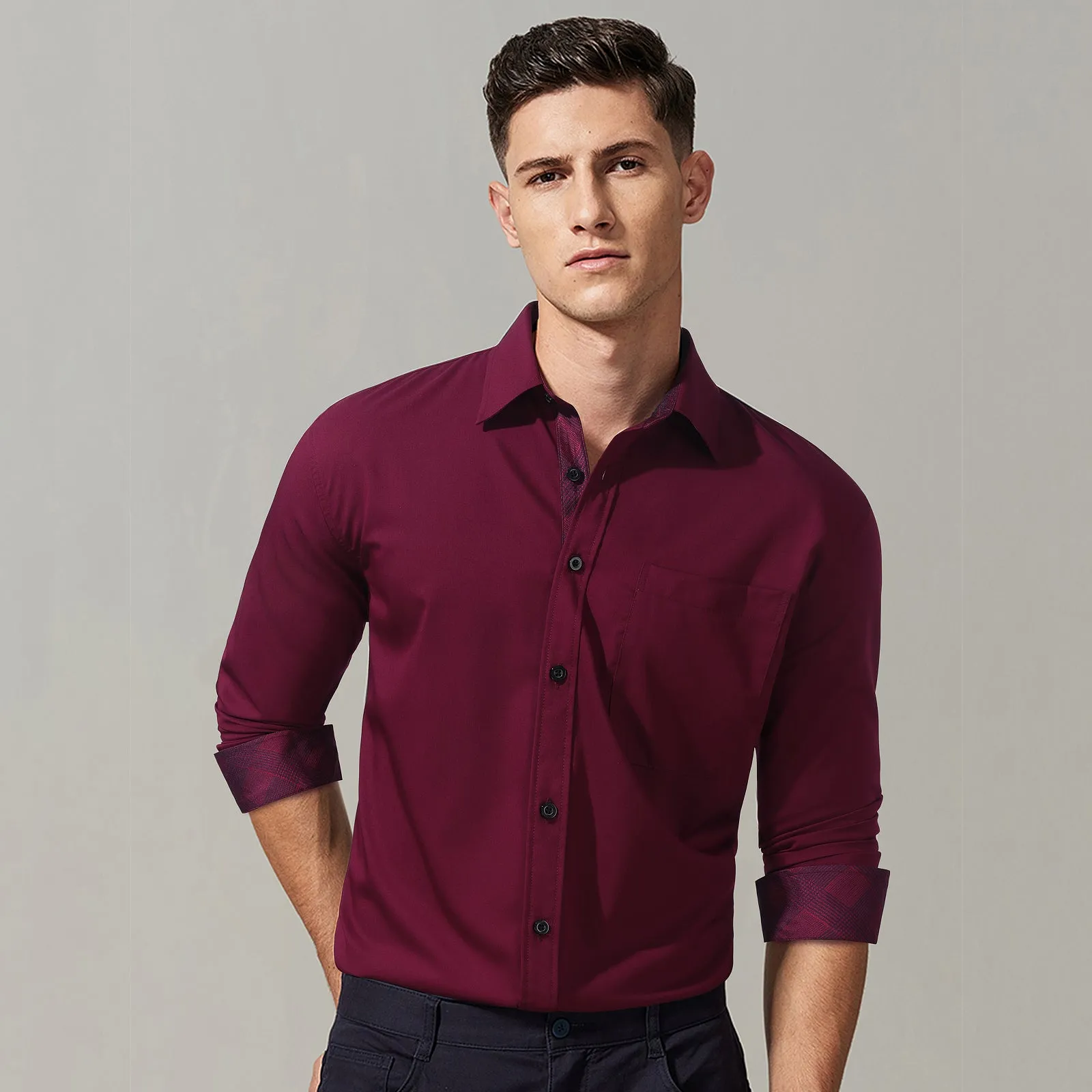 Men's Classic Style Dress Shirt with Pocket - BURGUNDY