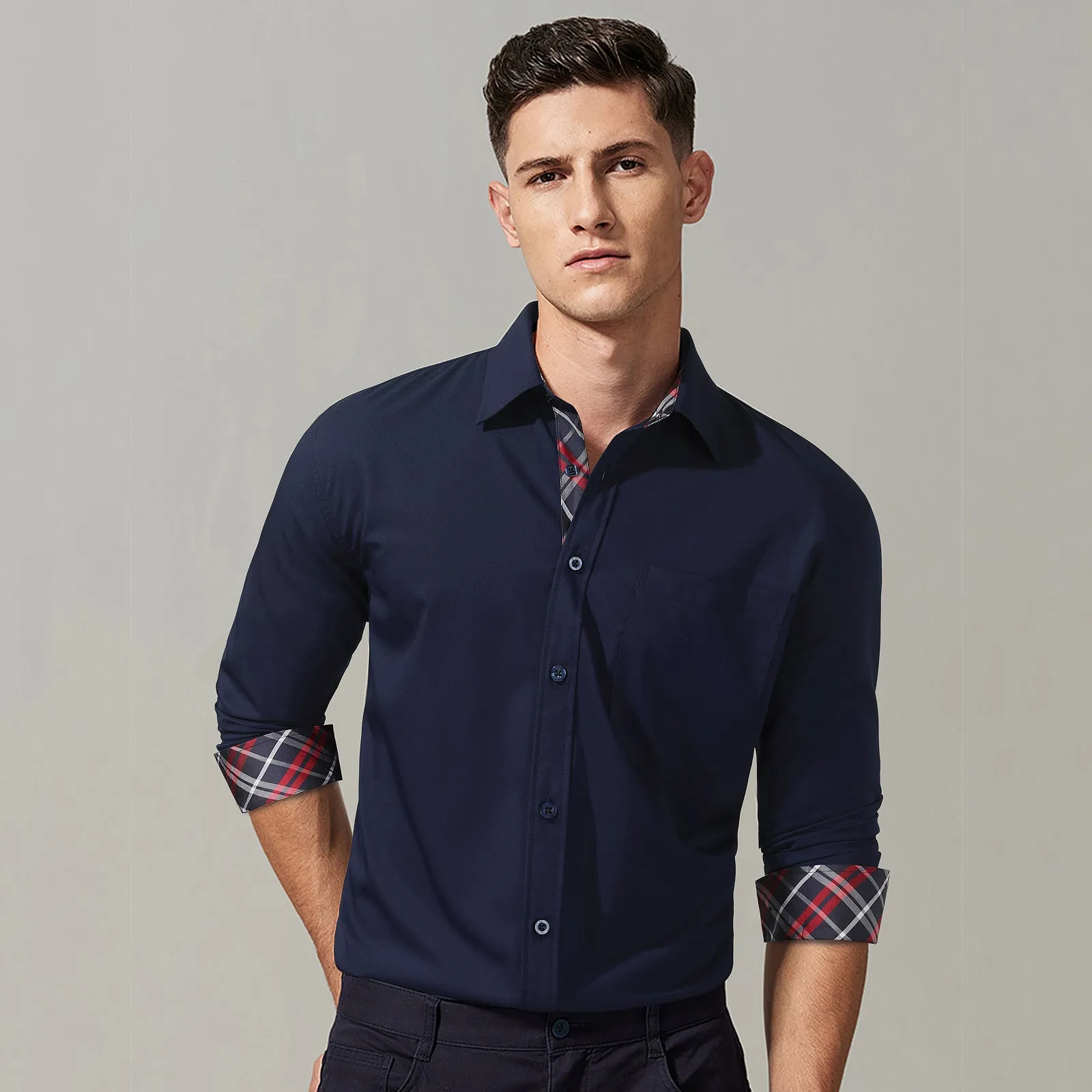 Men's Dress Shirt with Pocket - 17-NAVY BLUE