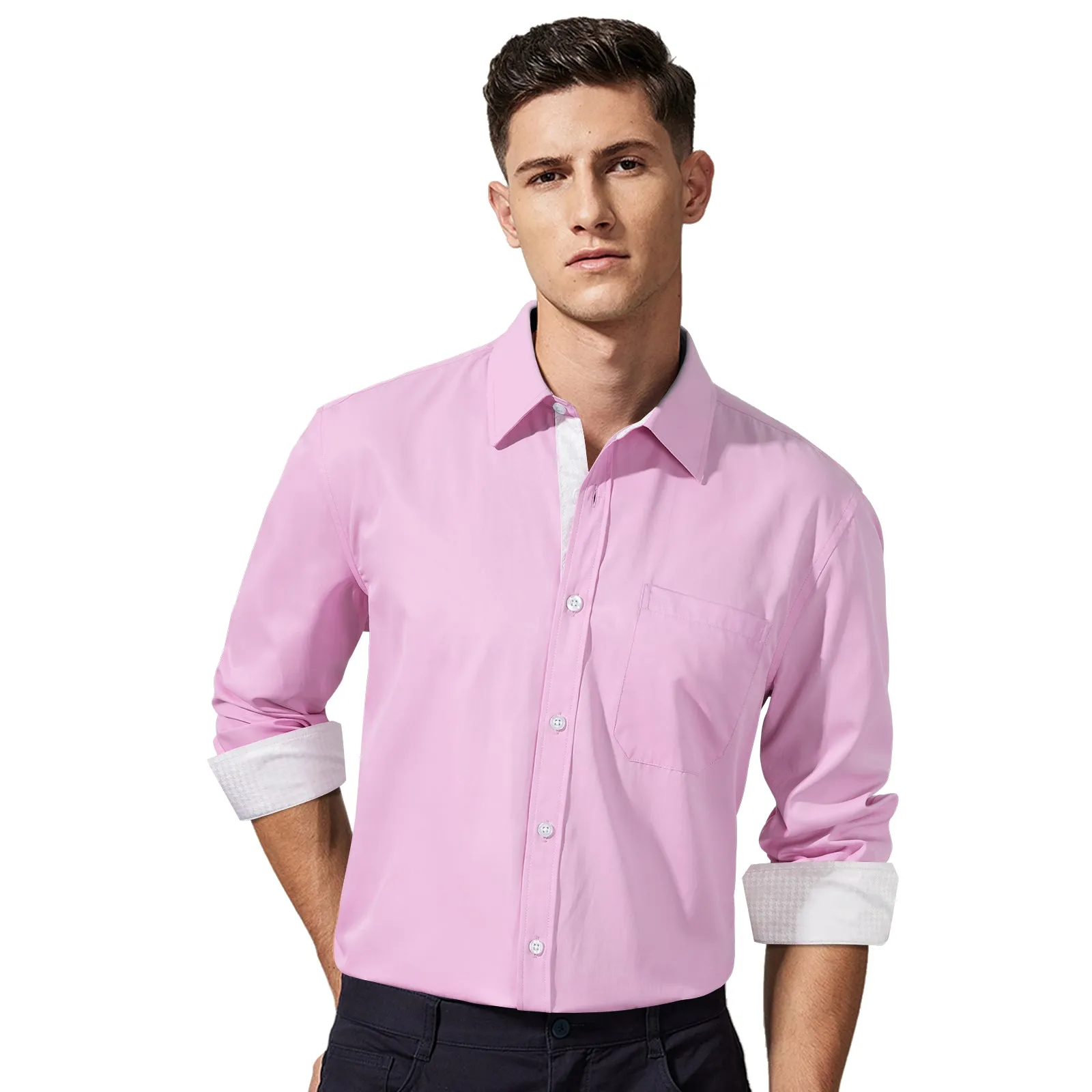 Men's Patchwork Dress Shirt with Pocket - 06-PINK
