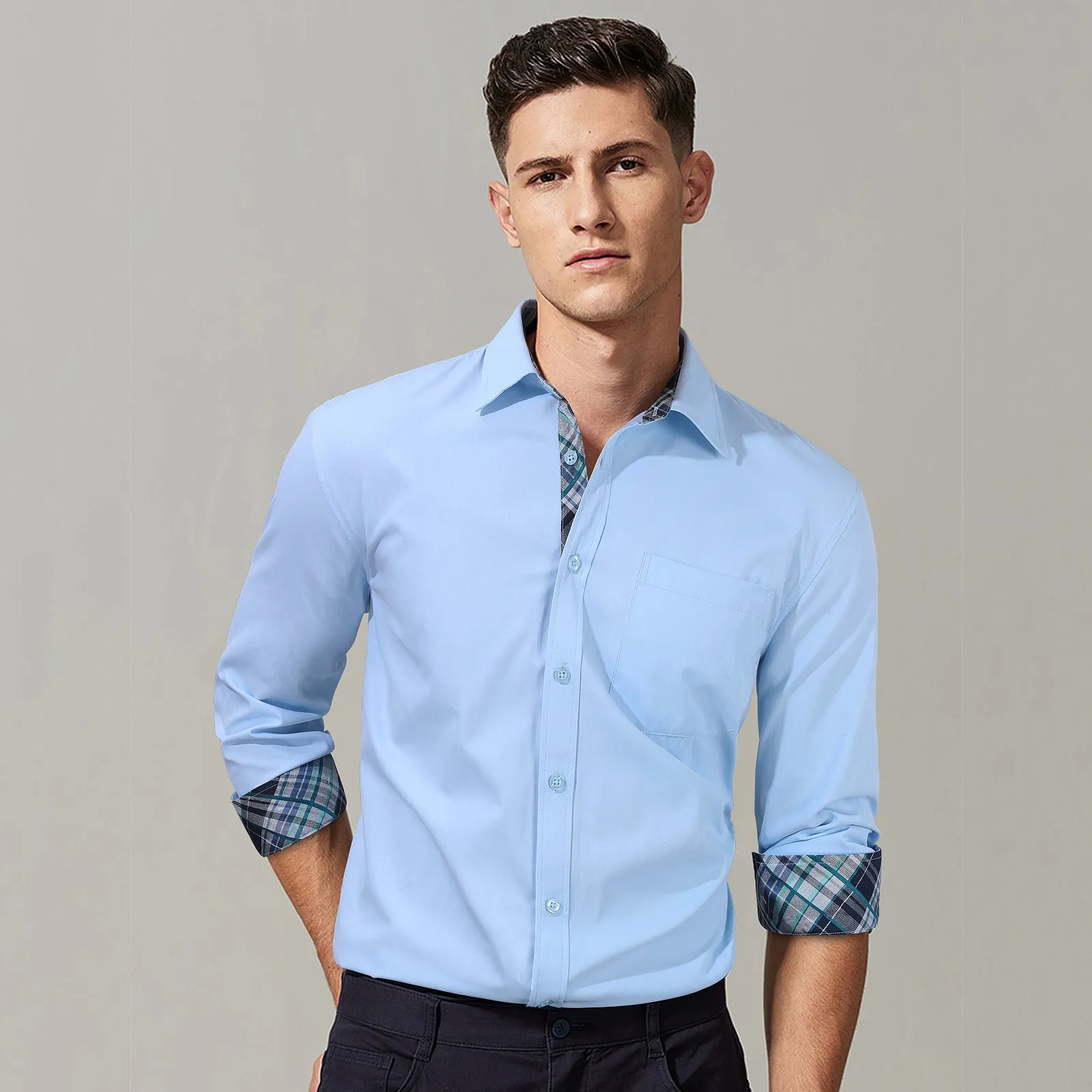 Men's Patchwork Dress Shirt with Pocket - 10-BLUE