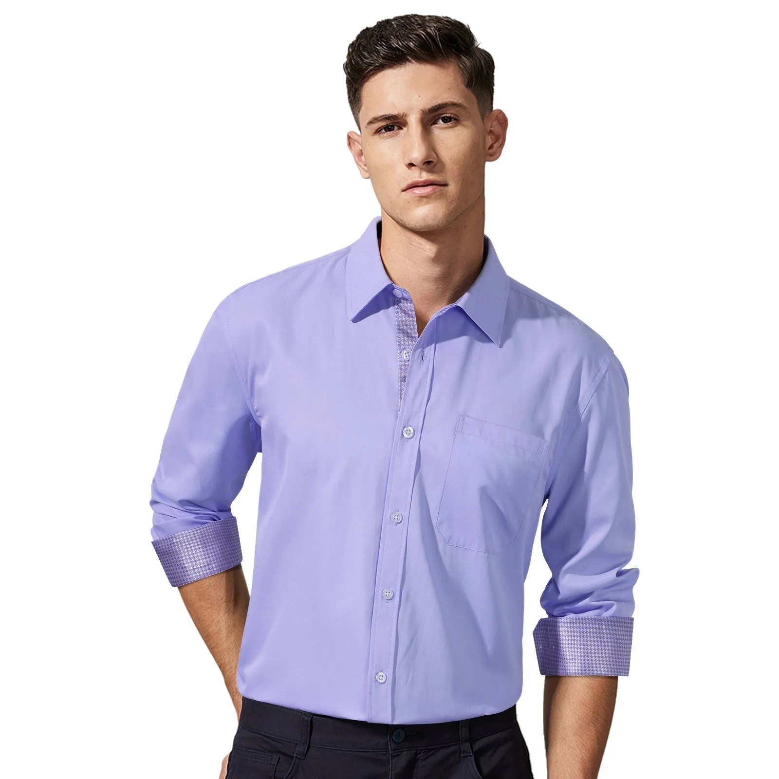 Men's Patchwork Dress Shirt with Pocket - 15-PURPLE