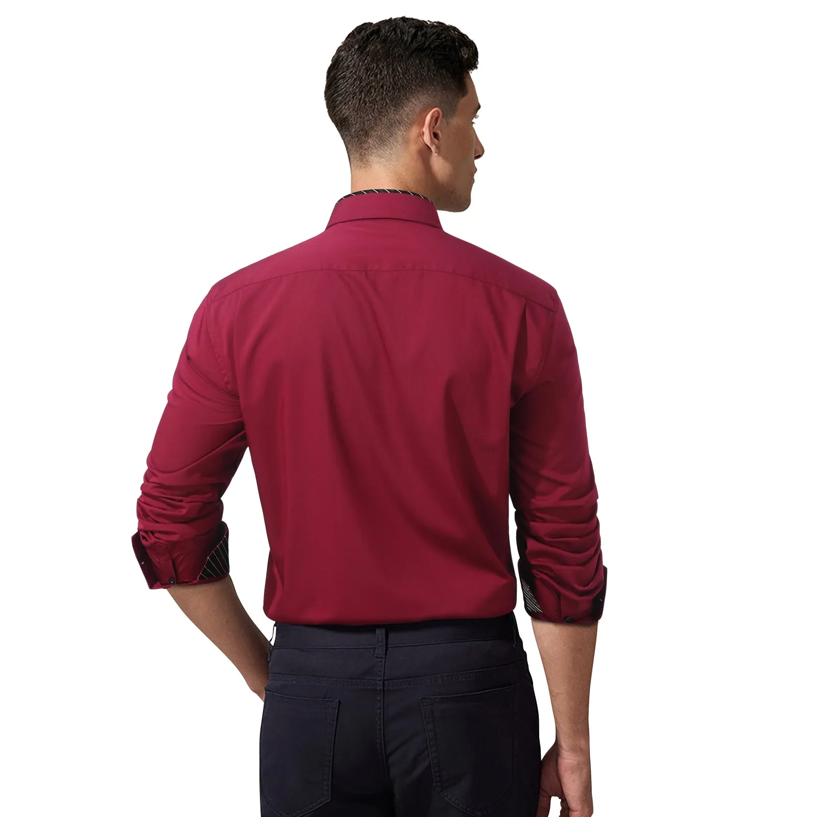 Men's Patchwork Dress Shirt with Pocket - A-03 BURGUNDY/BLACK