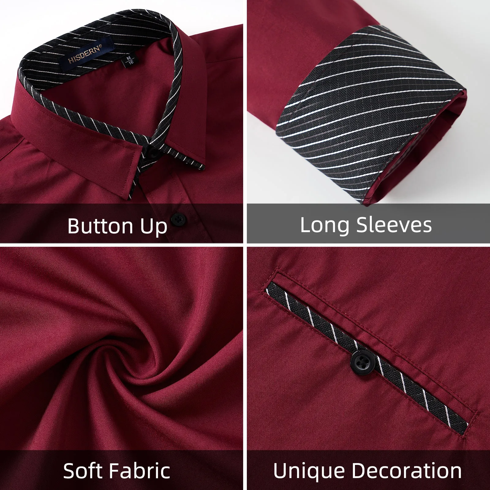 Men's Patchwork Dress Shirt with Pocket - A-03 BURGUNDY/BLACK