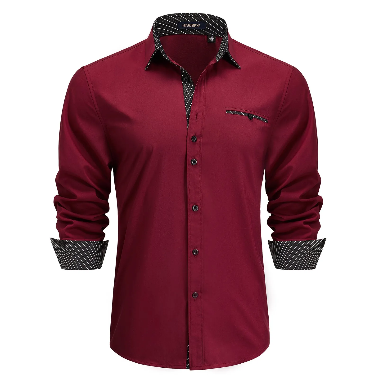 Men's Patchwork Dress Shirt with Pocket - A-03 BURGUNDY/BLACK