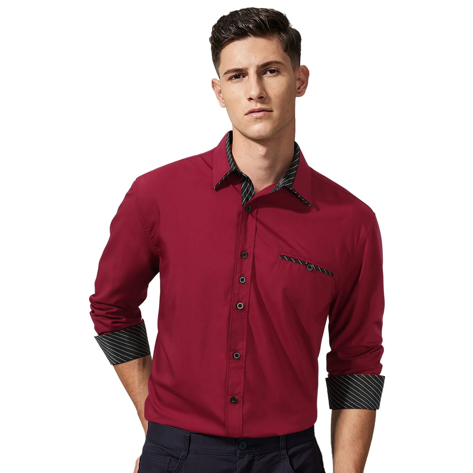 Men's Patchwork Dress Shirt with Pocket - A-03 BURGUNDY/BLACK
