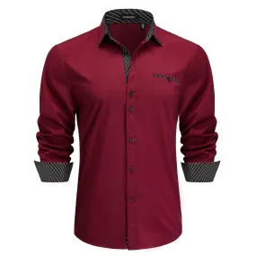 Men's Patchwork Dress Shirt with Pocket - A-03 BURGUNDY/BLACK