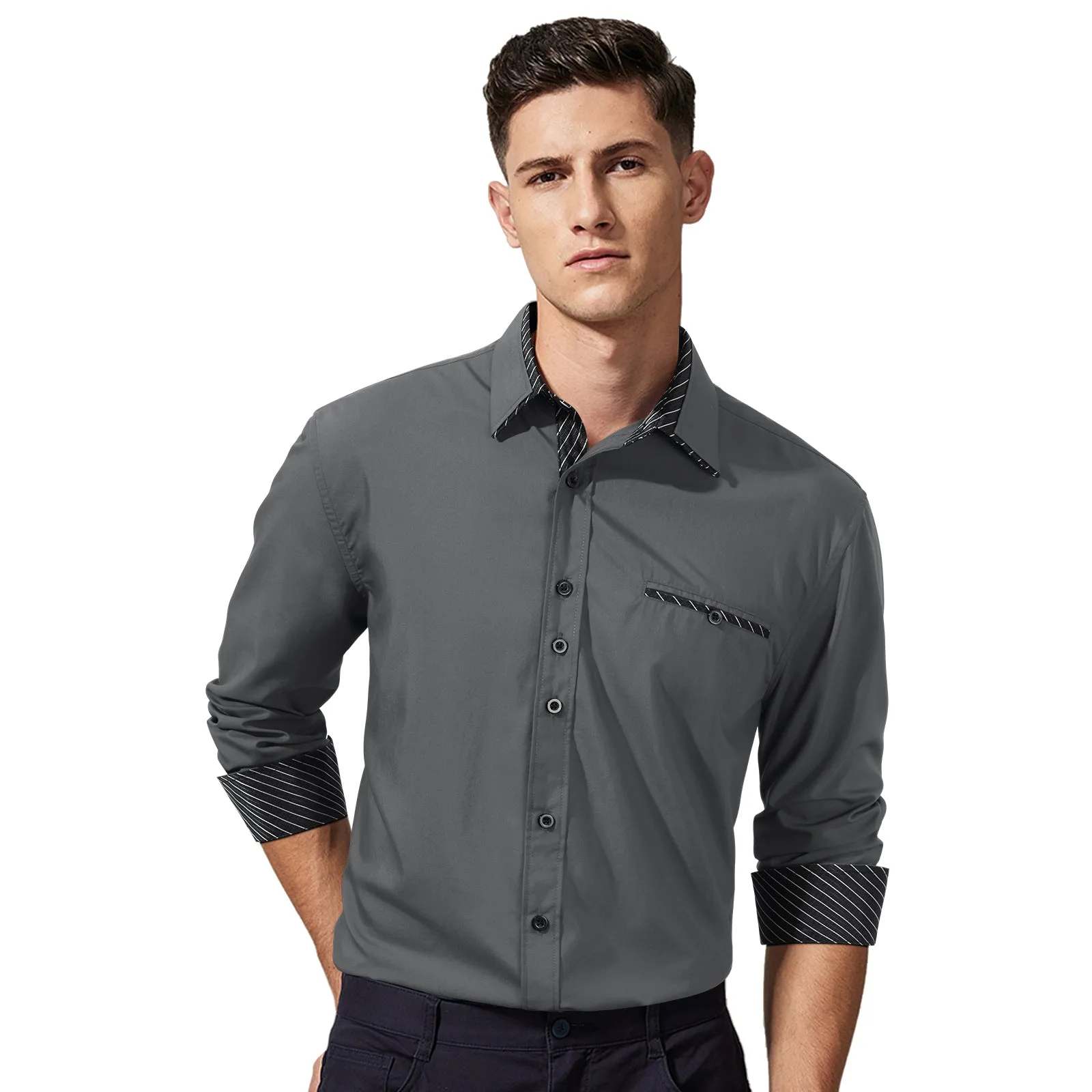 Men's Patchwork Dress Shirt with Pocket - A-04 GREY/BLACK
