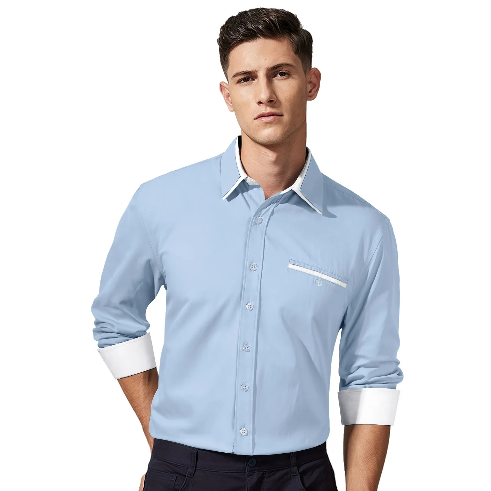 Men's Patchwork Dress Shirt with Pocket - BLUE/WHITE