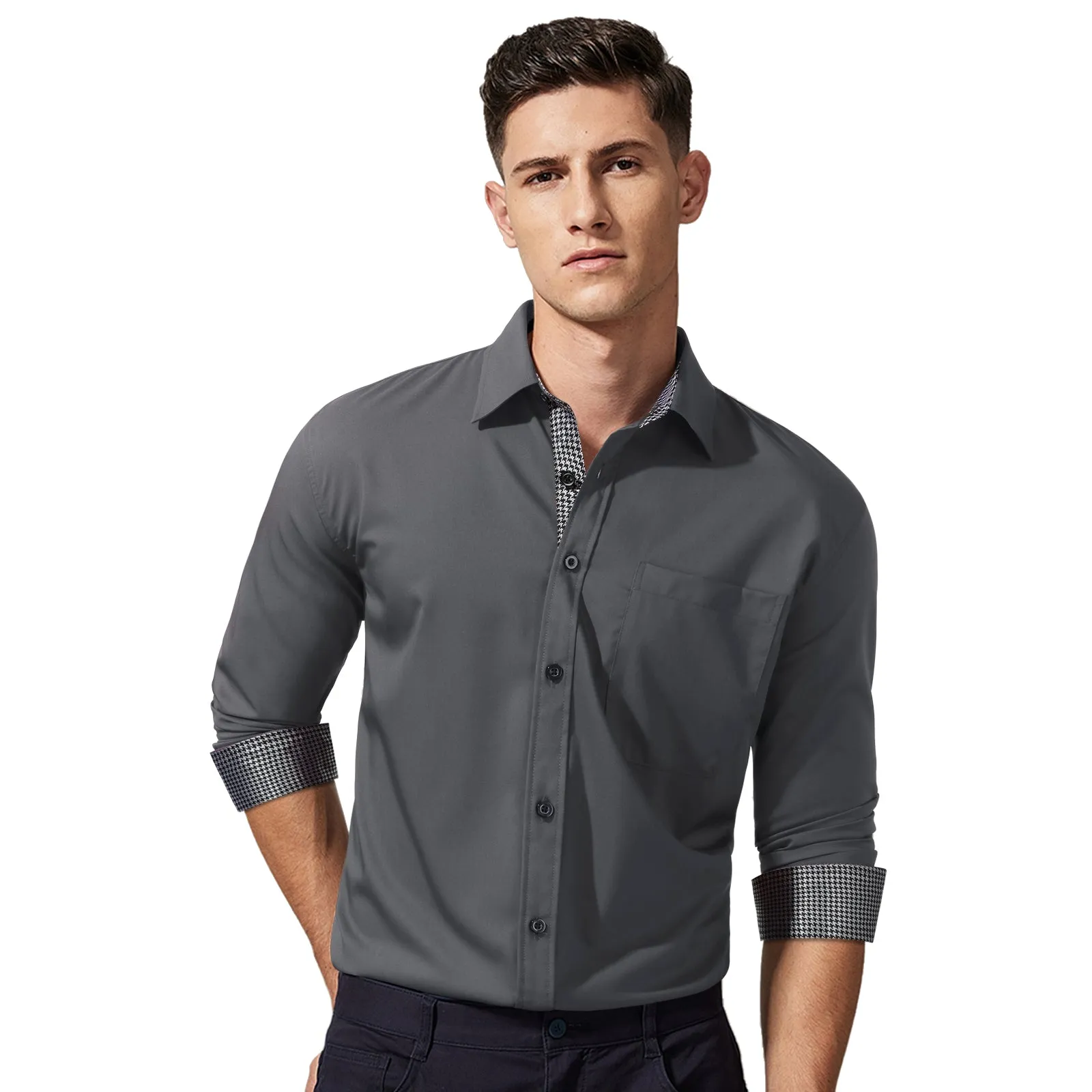 Men's Patchwork Dress Shirt with Pocket - C-GREY1
