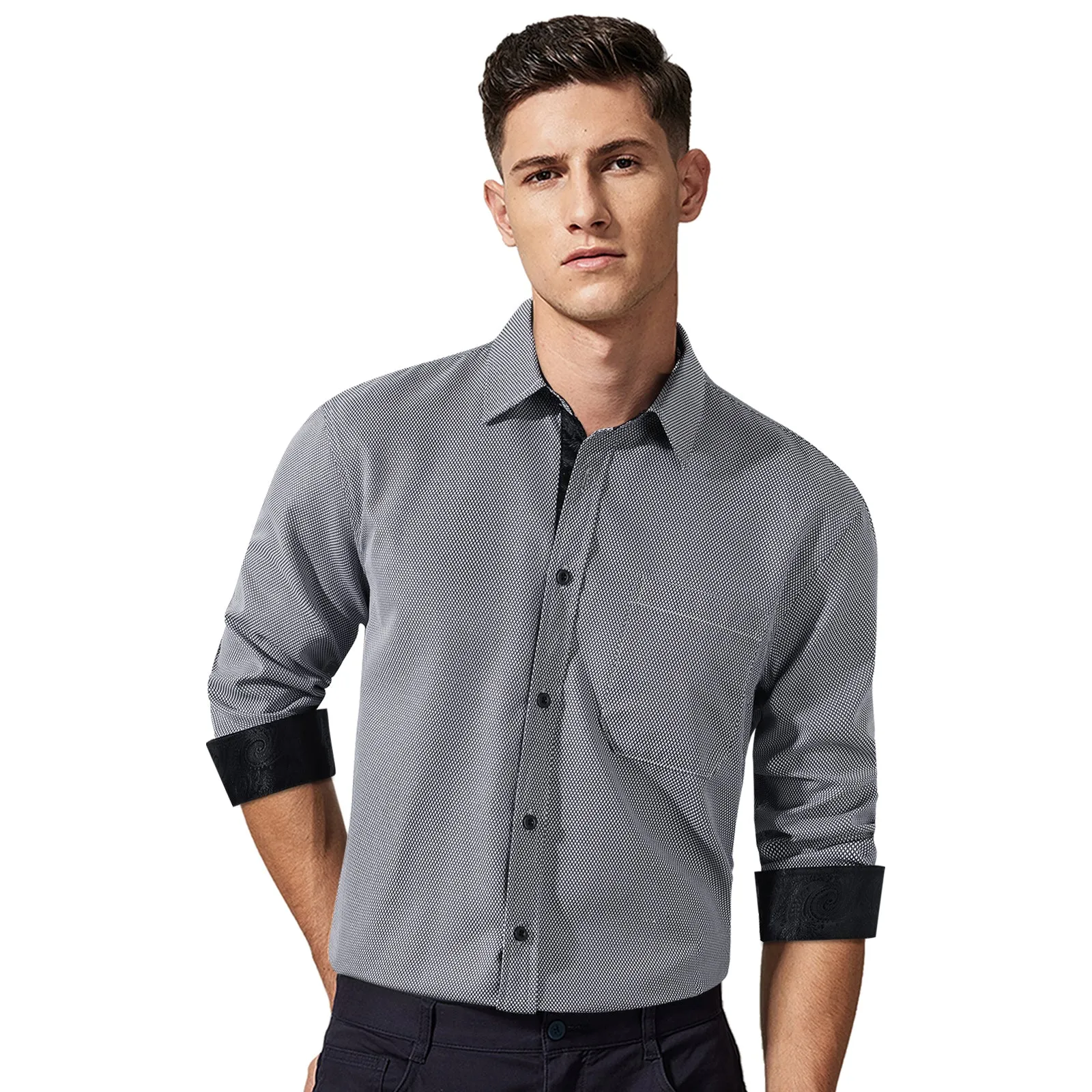 Men's Patchwork Dress Shirt with Pocket - C-GREY3
