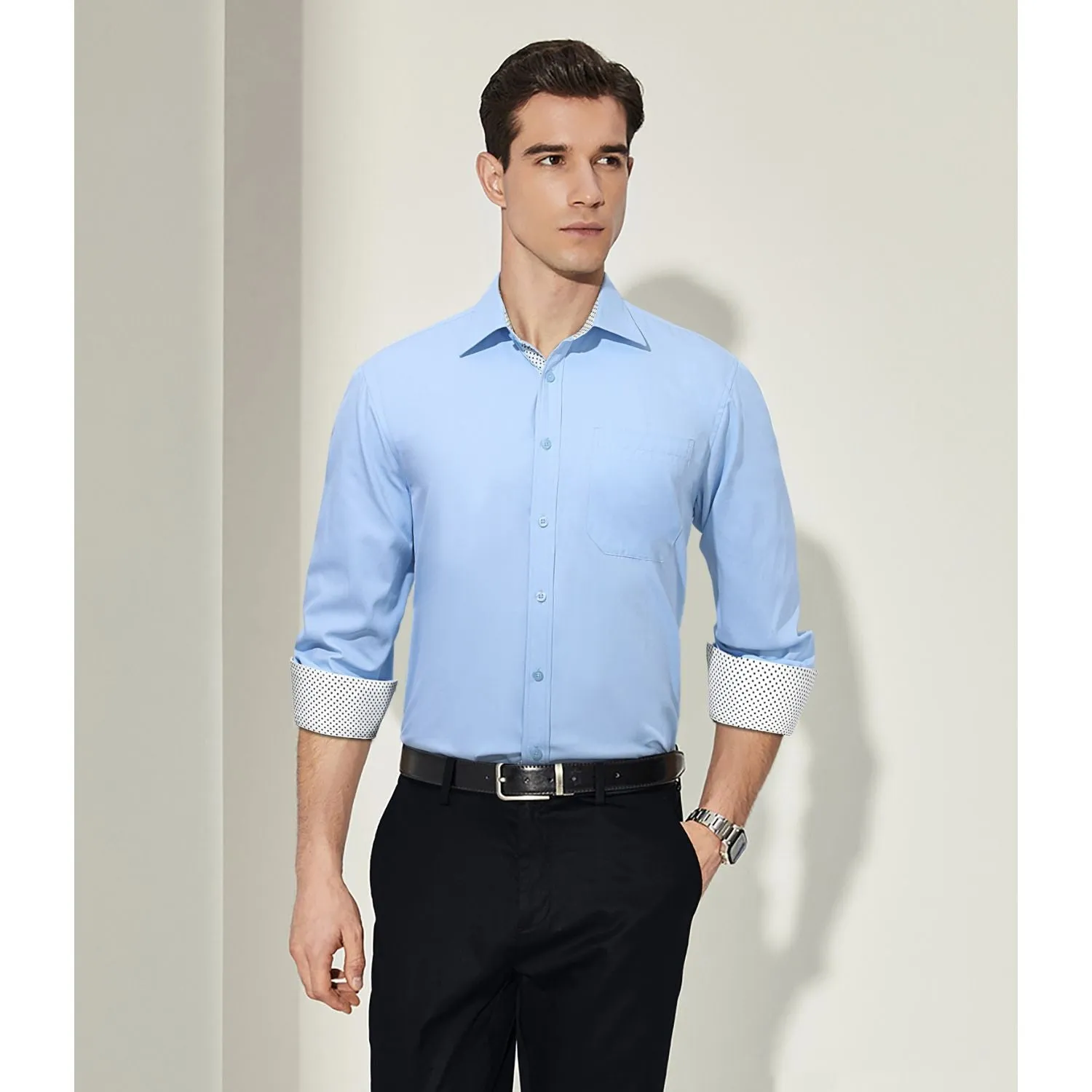 Men's Patchwork Dress Shirt with Pocket - F-BLUE/WHITE