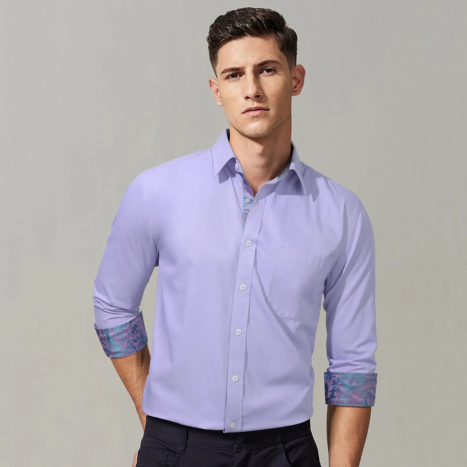 Men's Patchwork Dress Shirt with Pocket - PURPLE/PINK