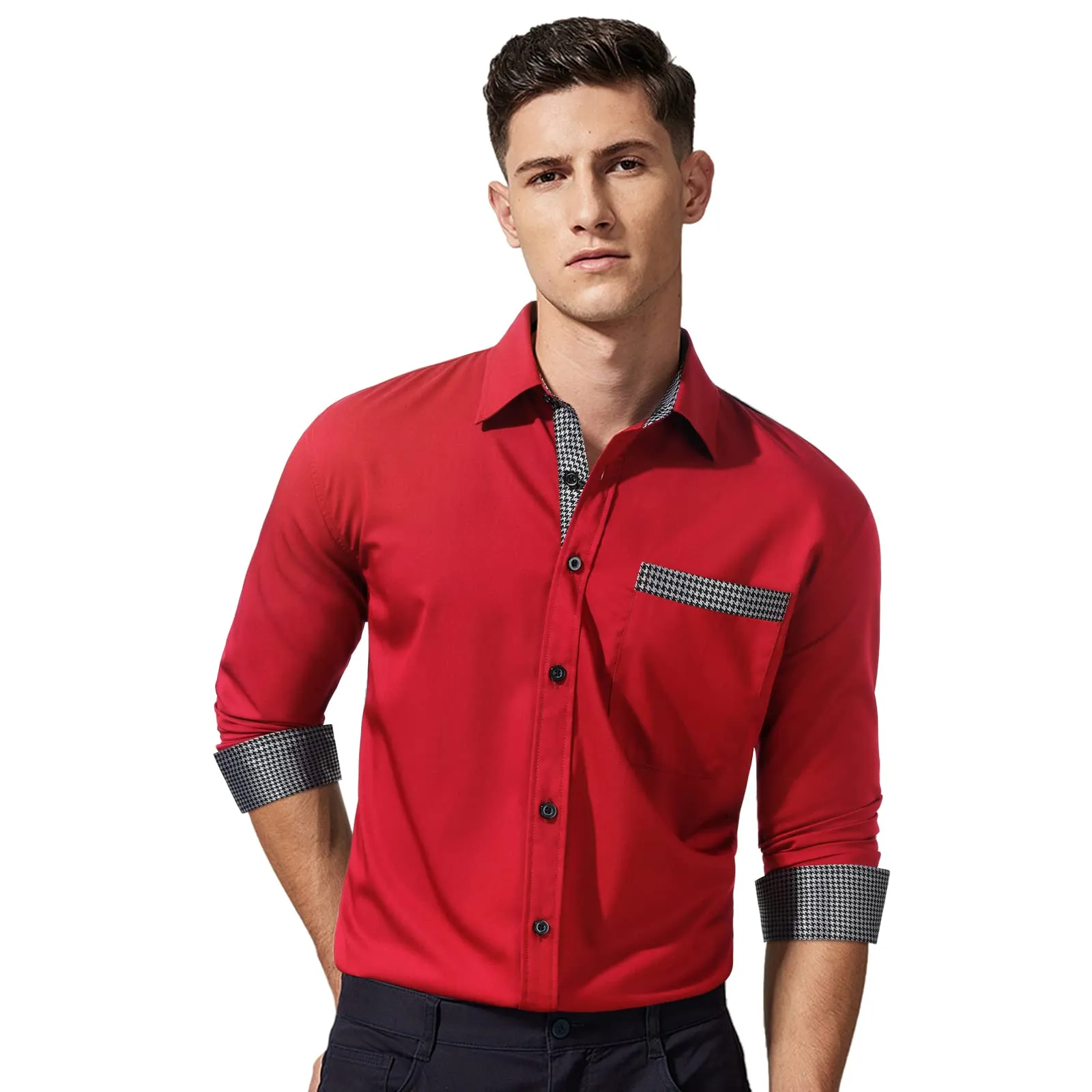 Men's Patchwork Dress Shirt with Pocket - RED