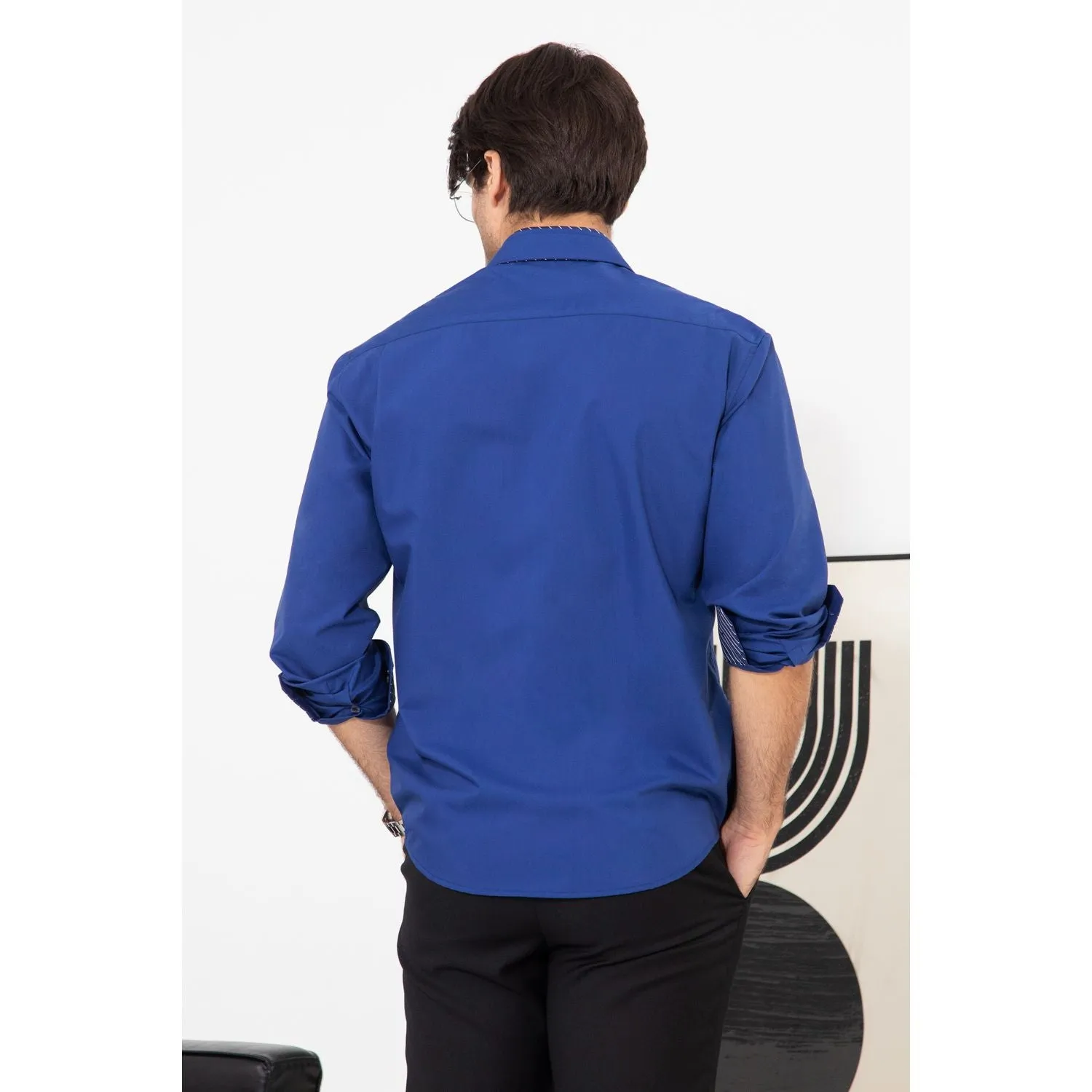 Men's Patchwork Dress Shirt with Pocket - ROYAL BLUE