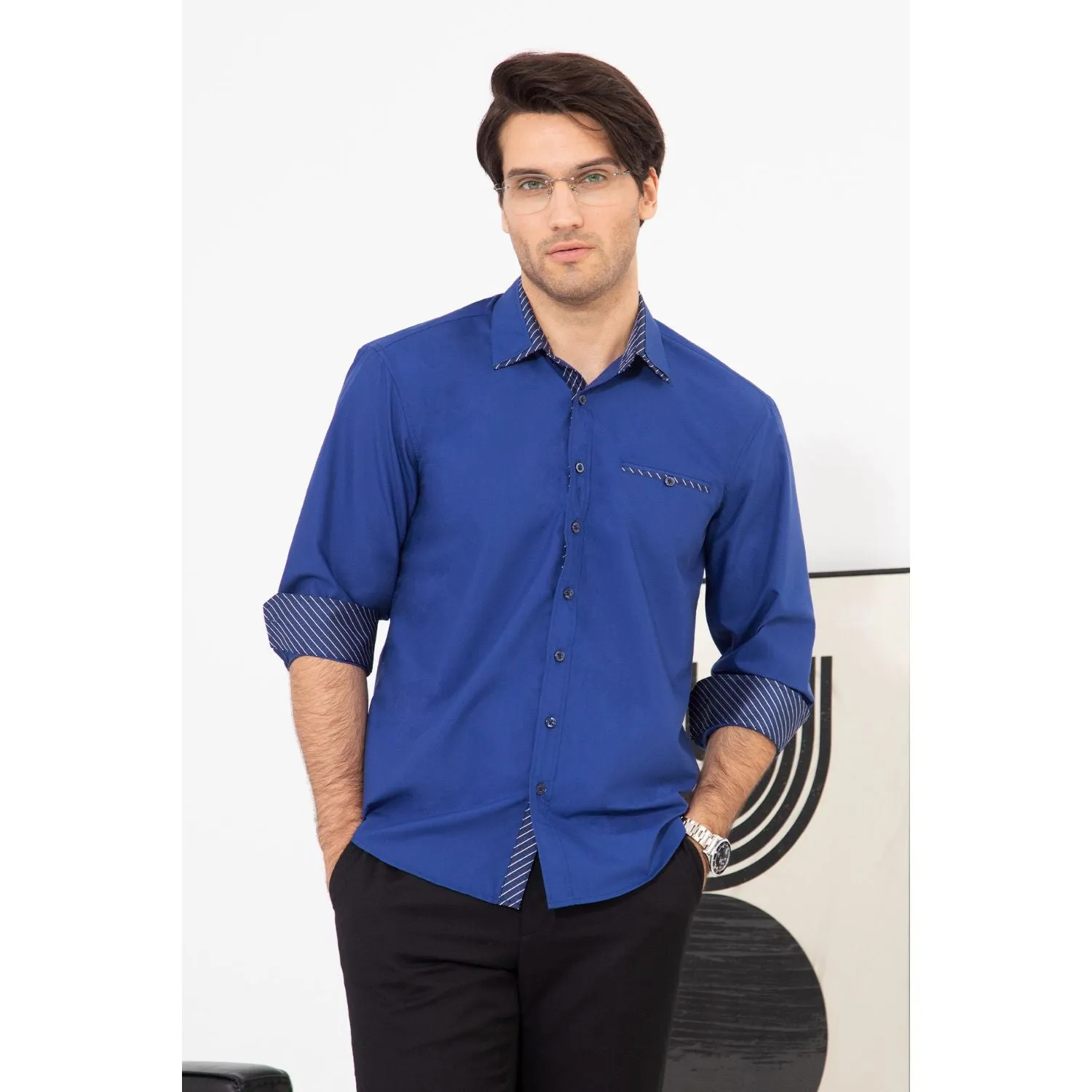 Men's Patchwork Dress Shirt with Pocket - ROYAL BLUE
