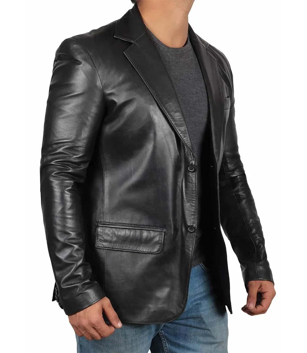 Mens Tall Black Leather Blazer Jacket
