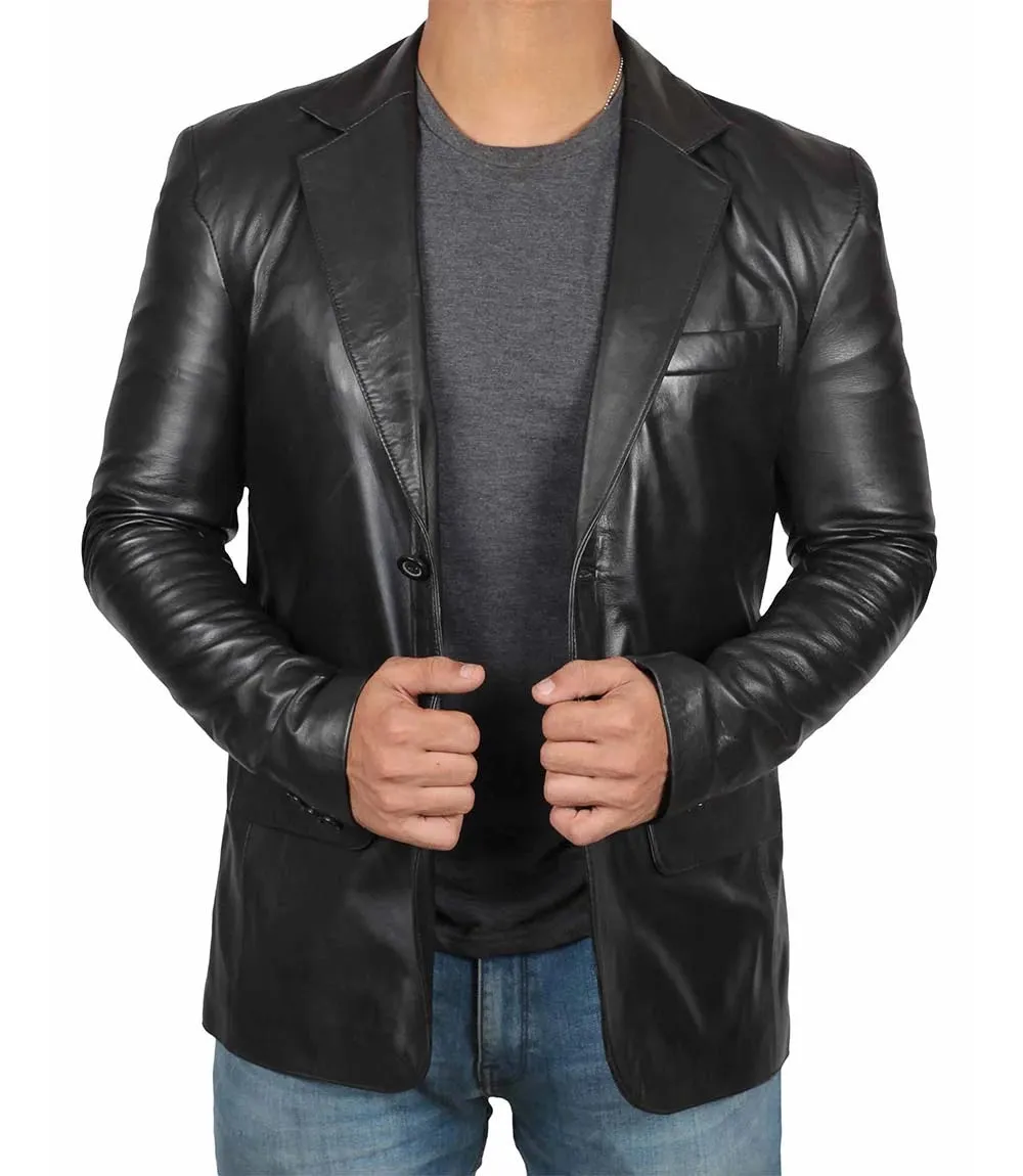Mens Tall Black Leather Blazer Jacket