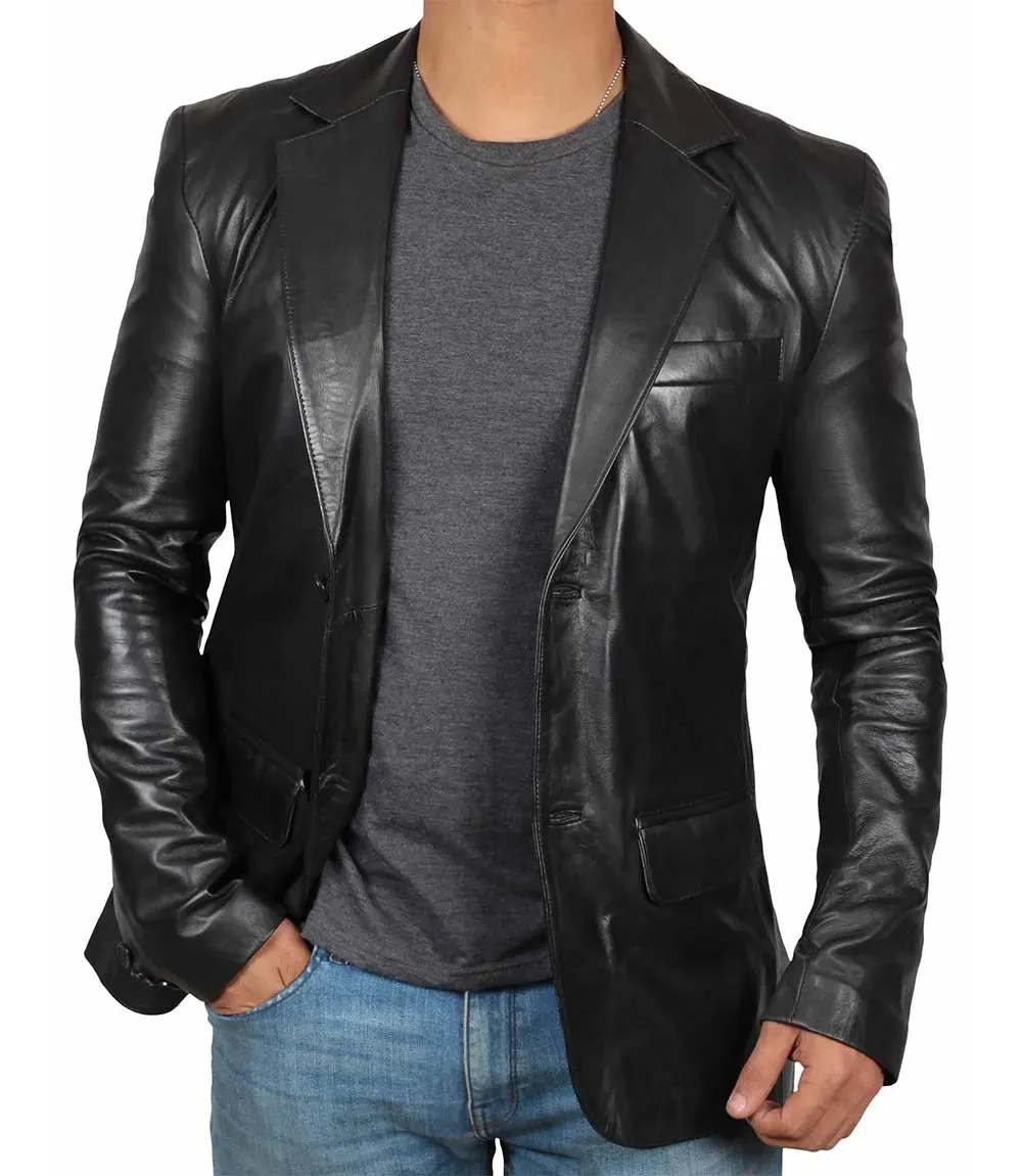 Mens Tall Black Leather Blazer Jacket