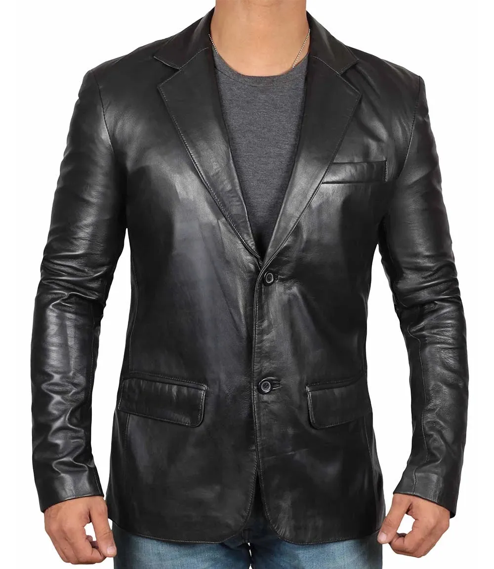 Mens Tall Black Leather Blazer Jacket
