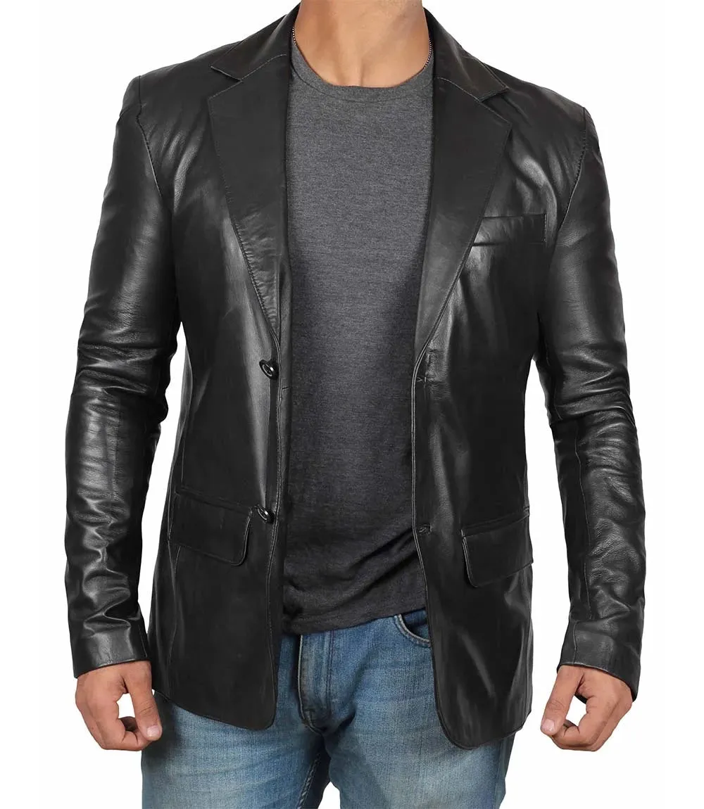 Mens Tall Black Leather Blazer Jacket