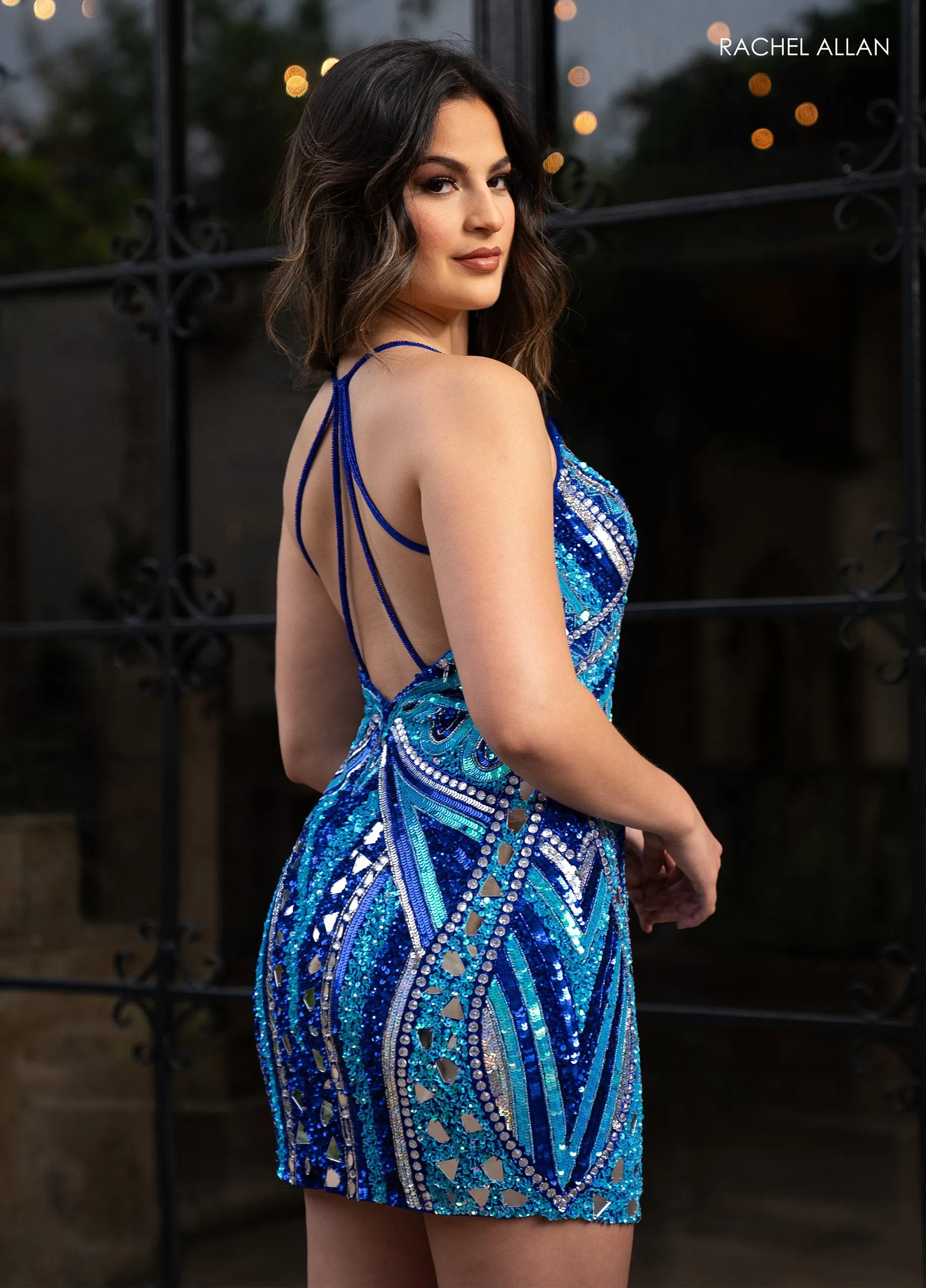 Mirror Beaded Short V-Neck Dress by Rachel Allan 40403