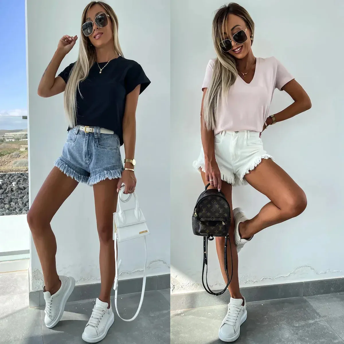 New Women's Mid Waist Tassel Denim Shorts