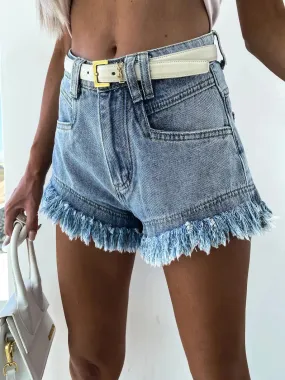 New Women's Mid Waist Tassel Denim Shorts