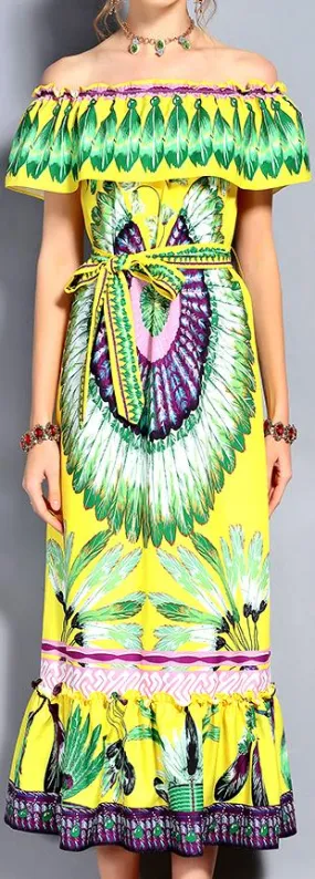 Off-the-Shoulder Feather Print Midi Dress in Yellow
