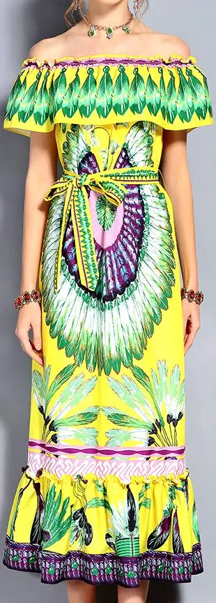 Off-the-Shoulder Feather Print Midi Dress in Yellow