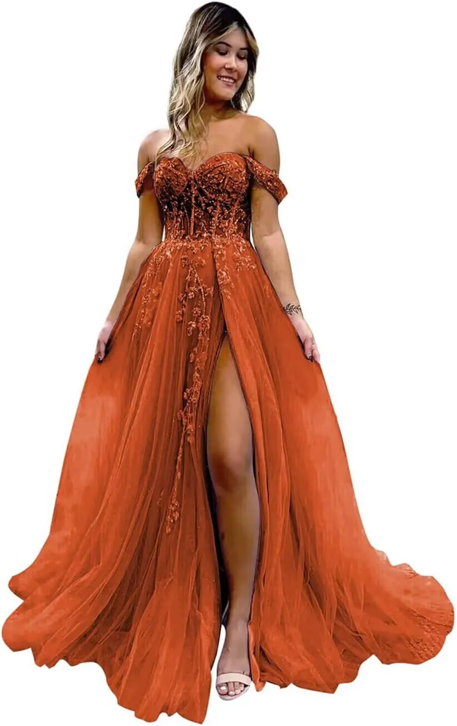Off The Shoulder Tulle Prom Dresses with Slit Laces Applique Sweetheart Long Evening Party Dress