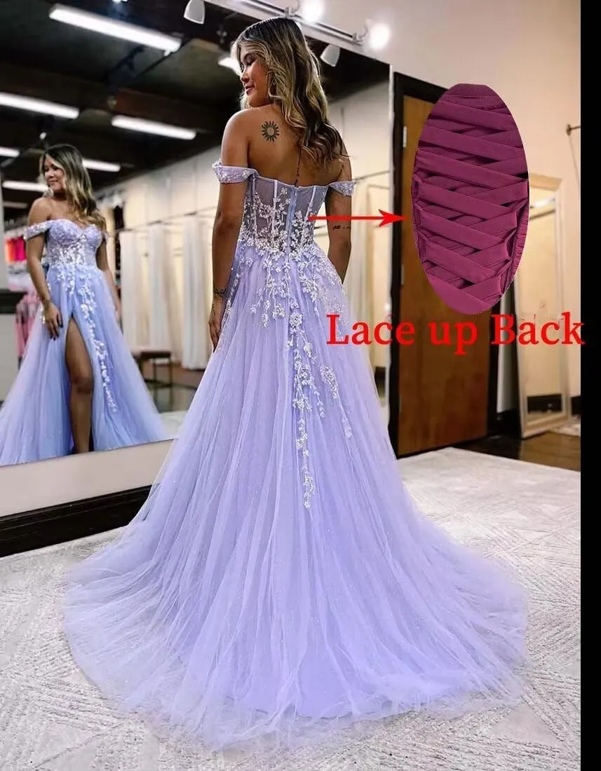 Off The Shoulder Tulle Prom Dresses with Slit Laces Applique Sweetheart Long Evening Party Dress