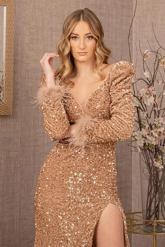 Puff Shoulder 3/4 Sleeves Feather Velvet Mermaid Dress Gold
