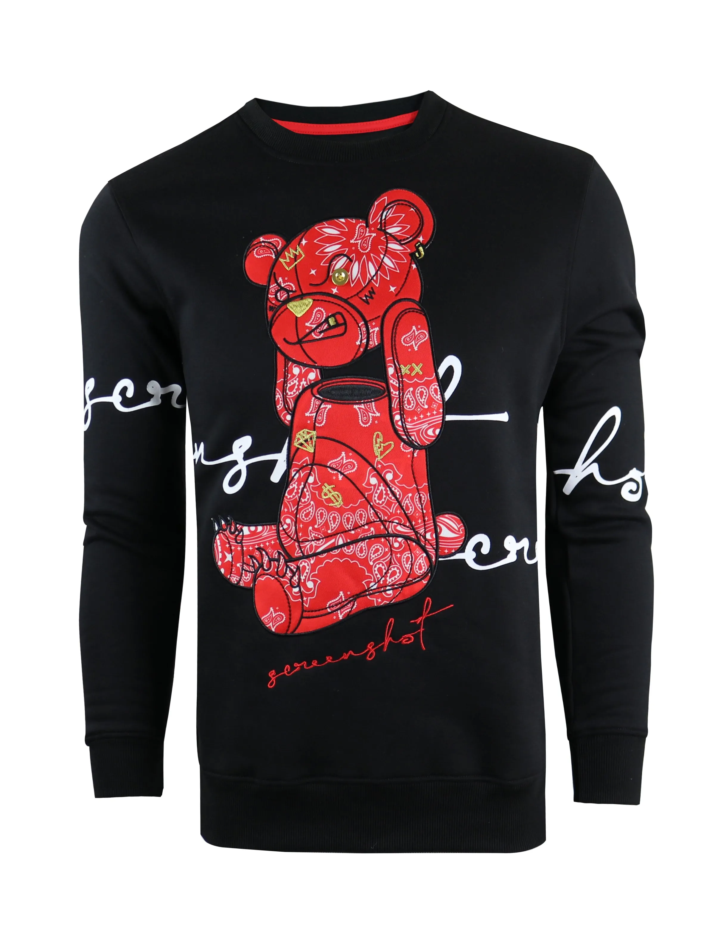 SCREENSHOT BEAR CREW NECK FLEECE SWEAT SHIRTS-F1122 (BLACK/RED)