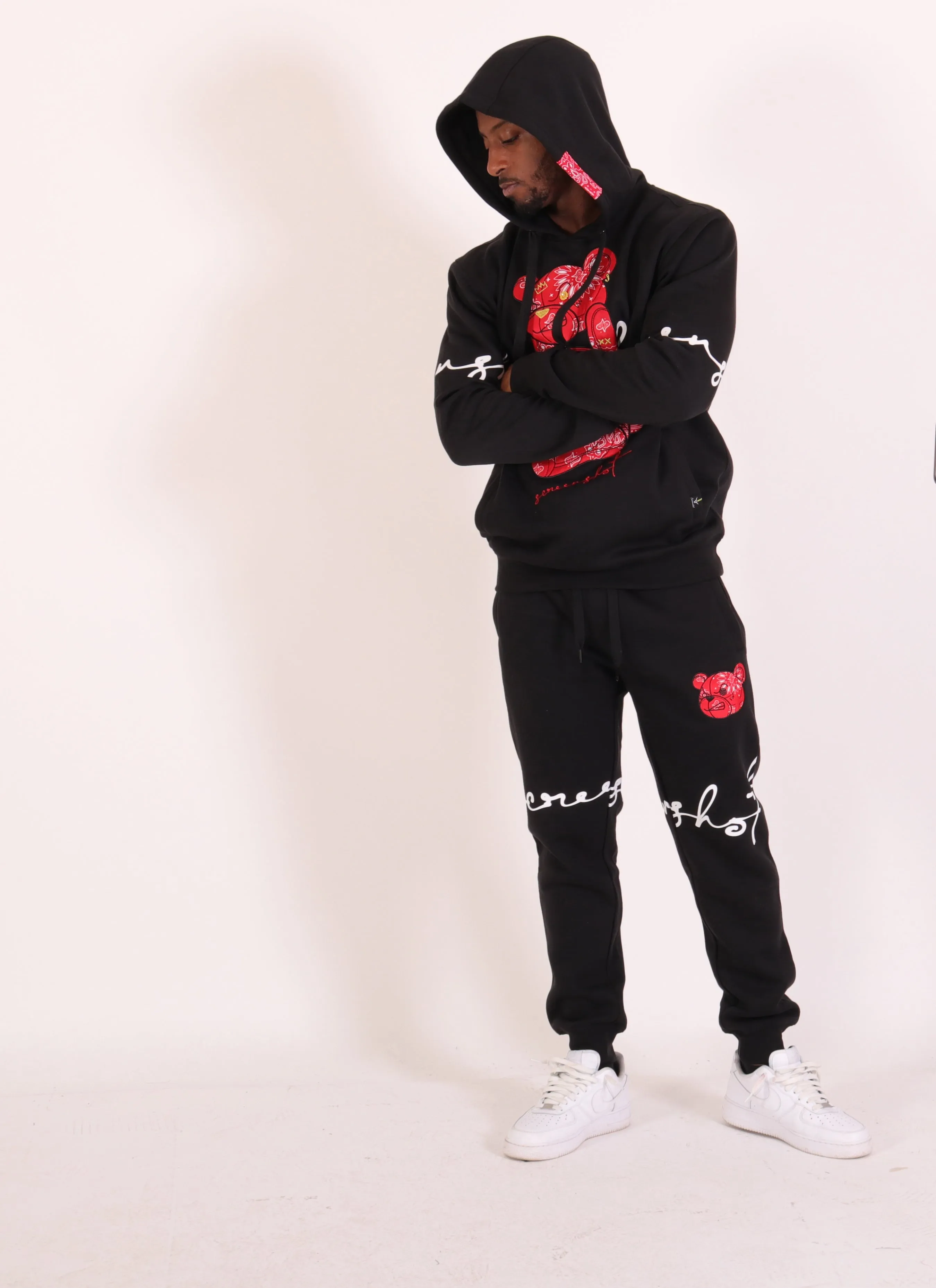SCREENSHOT BEAR CREW NECK FLEECE SWEAT SHIRTS-F1122 (BLACK/RED)