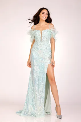 Sequin Feather Off Shoulder Slit Gown by Lucci Lu 1282
